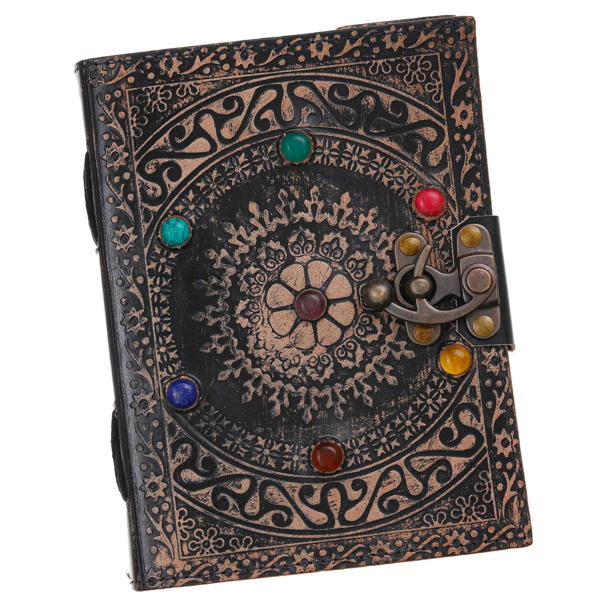 Six Gemstone Studded with Mandala | Vintage Handmade Genuine Leather Journal | Premium Antique Lock Closure | 200 Handmade White Pages - Image 4