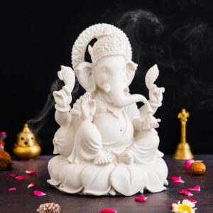 White Marble Lord Ganesha Idol with Intricate Detailing | Handcrafted Ganpati Statue for Home Décor, Puja Mandir & Gifting | Elegant Spiritual Marble Showpiece Murti