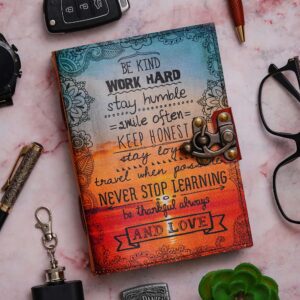 Be kind, work hard, stay humble Quoted | Vintage Handmade Genuine Leather Journal | Premium Antique Lock Closure, 200 Handmade White Pages