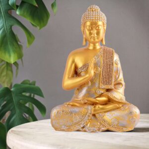 Meditating Buddha Statue | Golden & Silver Polyresin Idol | Decorative Showpiece for Living Room, Bedroom & Office Décor (11 Inch)