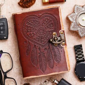 Hearty Dream Catcher | Vintage Handmade Genuine Leather Journal | Premium Antique Lock Closure | 200 Handmade Brown Pages