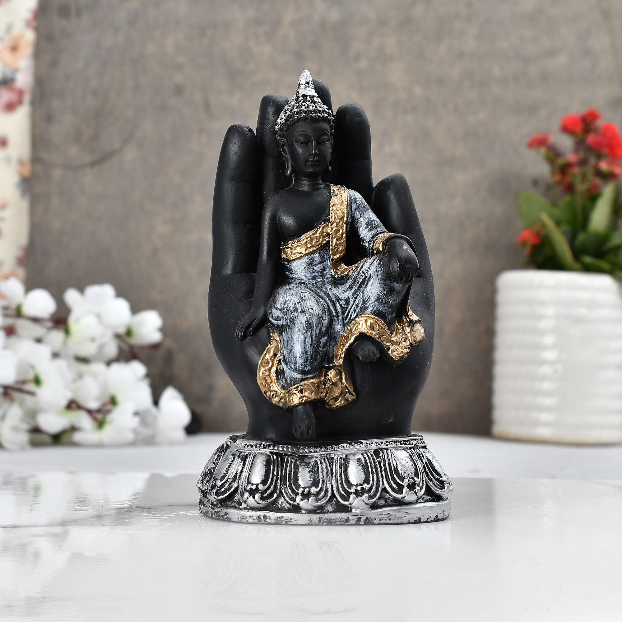 Black Buddha Hand Statue | Blessing Gautam Buddha Sitting Figurine for Tabletop & Home Decoration - Image 3