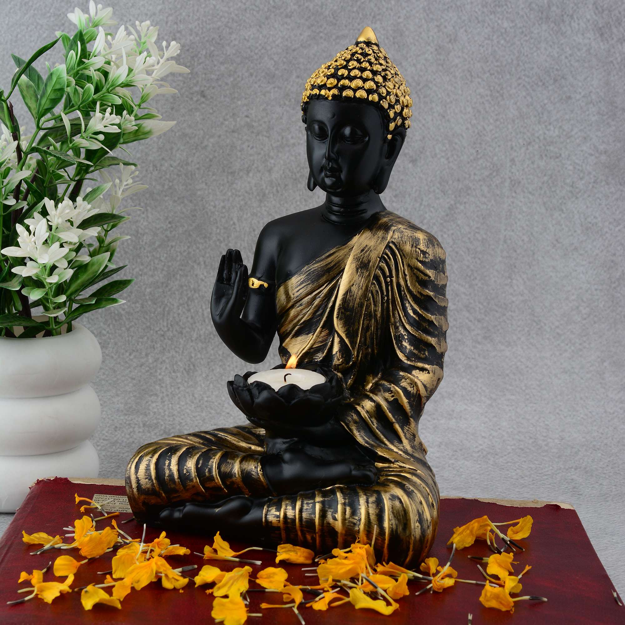 Buddha Statue Tea Light Holder | Black & Golden Finish Decorative Showpiece for Home Décor | Meditating Candle Holder - Image 3