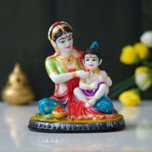 Maiya Yashoda with Bal Gopal Handpainted Idol | Polyresin Dust Marble Finish Krishna Ji Statue for Home Décor, Puja Mandir & Gifting | Spiritual Marble Showpiece Murti