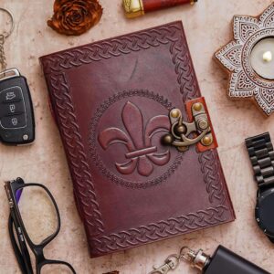 Fleur de Lis | Vintage Handmade Genuine Leather Journal | Premium Antique Lock Closure | 200 Handmade White Pages