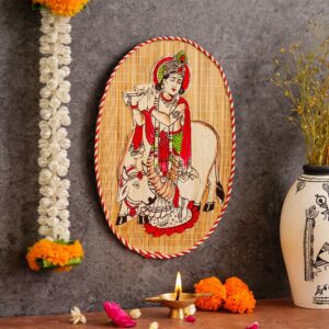 Oval Shaped Design Bamboo Hand Crafted Wall Hangings Of Lord Krishna with Holy cow For Home Decor | Bamboo Art For Wall Decor