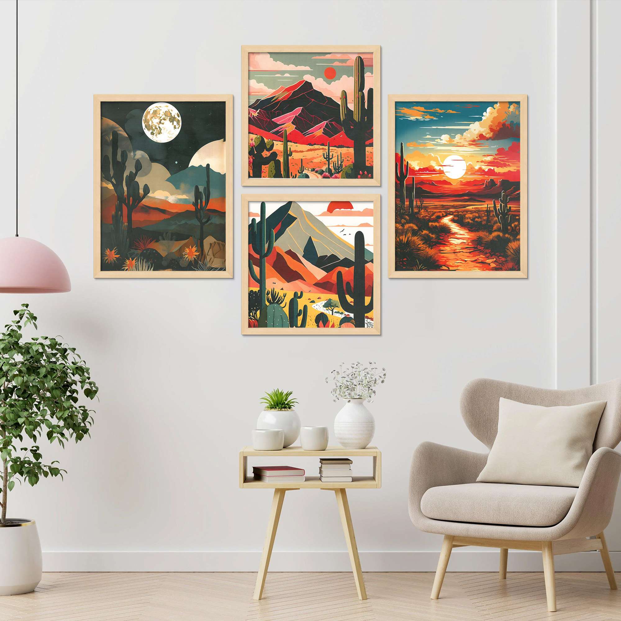 Set of 4 Premium Framed Digital Aesthetic Bohemian Wall Art | Modern Boho Hanging Prints for Home Décor, Living Room & Bedroom