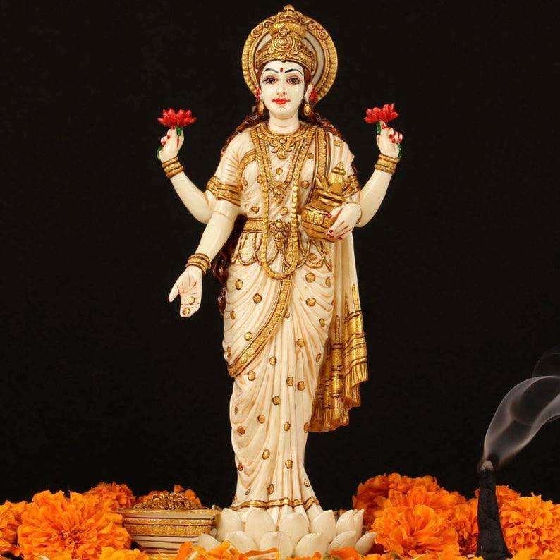 Handcrafted Marble Standing Goddess Lakshmi Idol | Highly Detailed Maa Laxmi Statue for Home Décor, Puja Mandir & Gifting | Spiritual Marble Showpiece Murti
