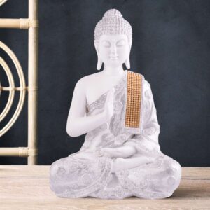 Meditating Buddha Statue | White & Silver Polyresin Idol | Decorative Showpiece for Living Room, Bedroom & Office Décor (11 Inch)