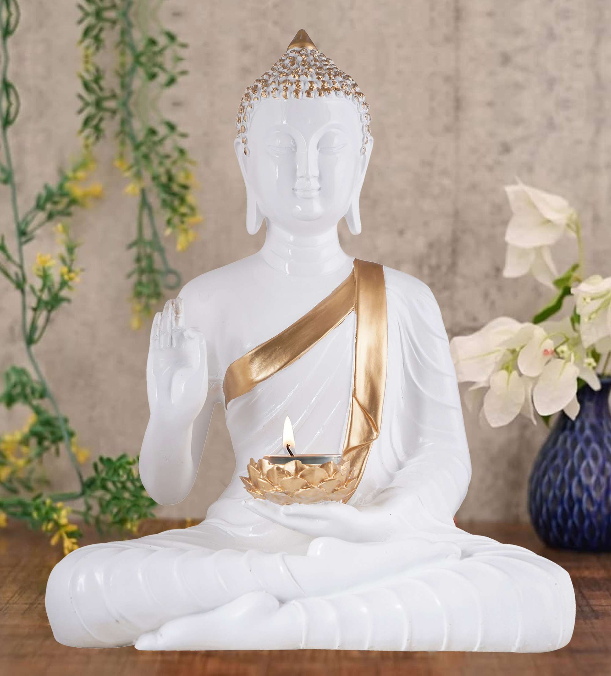 Meditating Buddha Statue | White & Brown Polyresin Idol | Decorative Showpiece for Living Room, Bedroom & Office Décor (11 Inch) - Image 2