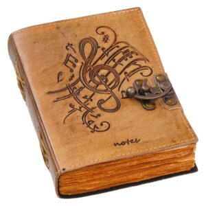 Music Notes | Vintage Handmade Genuine Leather Journal | Premium Antique Lock Closure | 200 Handmade Brown Pages