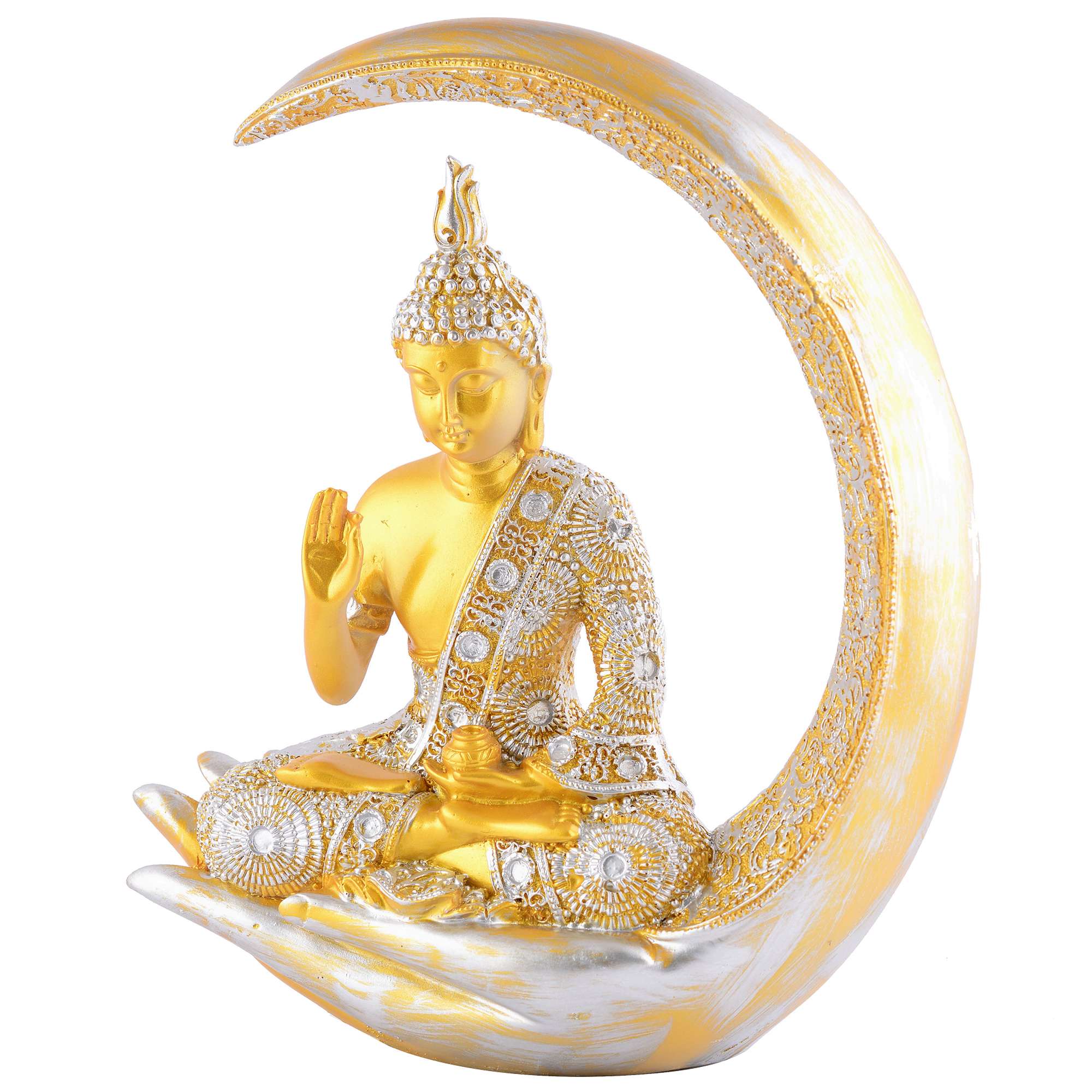 Antique Big Meditating Buddha Statue (9 Inch) | Gold & Silver Moon Idol | Polyresin Decorative Figurine for Home, Office & Housewarming Gift - Image 4