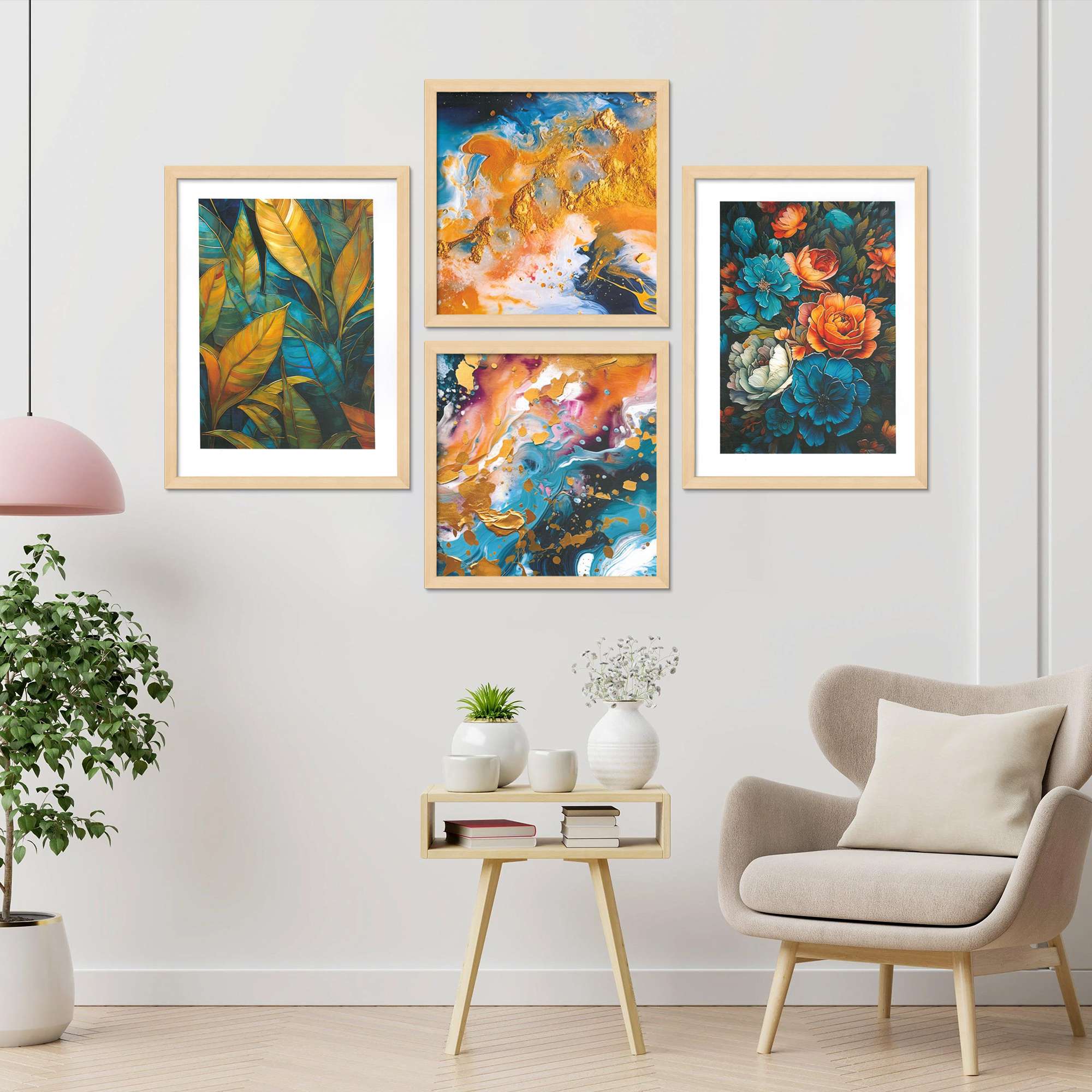 Set of 4 Premium Framed Digital Modern Abstract Wall Art | Contemporary Hanging Posters for Home Décor, Living Room & Bedroom | Ready-to-Hang