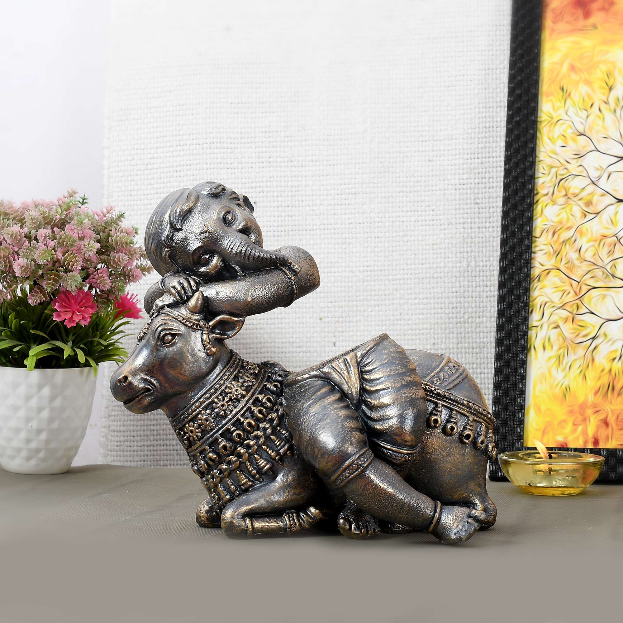 Handcrafted Brass Cow with Lord Ganesh Statue Idol | Spiritual Showpiece for Home, Temple & Gift