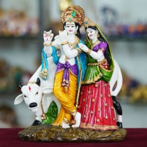 Radha Krishna with Cow Handpainted Idol | Polyresin Dust Marble Finish Krishna Statue for Home Décor, Puja Mandir & Gifting | Spiritual Marble Showpiece Murti