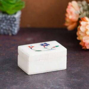 White Marble Jewelry Trinket Box with Floral Inlay Work | Handmade Multipurpose Marble Storage Box for Jewelry, Keepsakes & Gifting | Decorative Marble Showpiece
