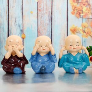 Small Baby Monk Buddha Showpiece Set | Set of 3 Multicolor Polyresin Figurines for Home, Car & Office Decoration