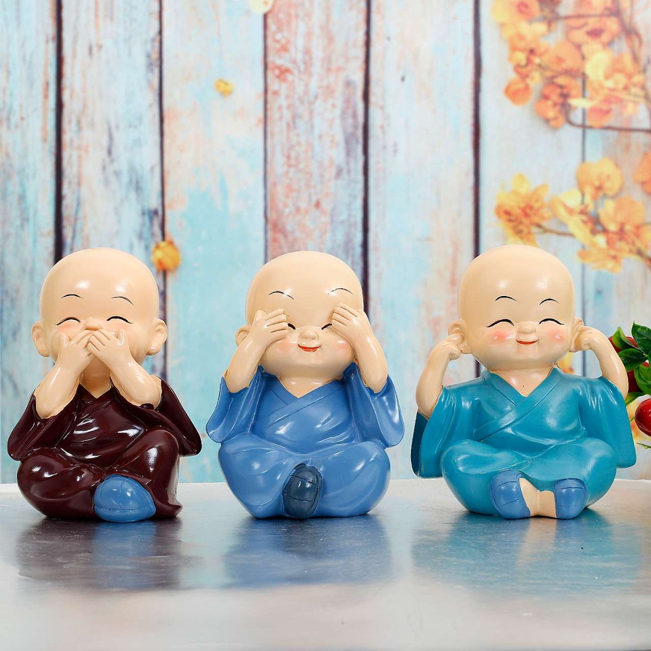 Small Baby Monk Buddha Showpiece Set | Set of 3 Multicolor Polyresin Figurines for Home, Car & Office Decoration