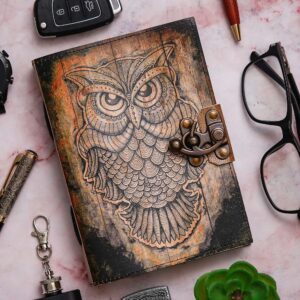Owl | Vintage Handmade Genuine Leather Diary Journal | Premium Antique String Closure, 200 Handmade Unruled Pages