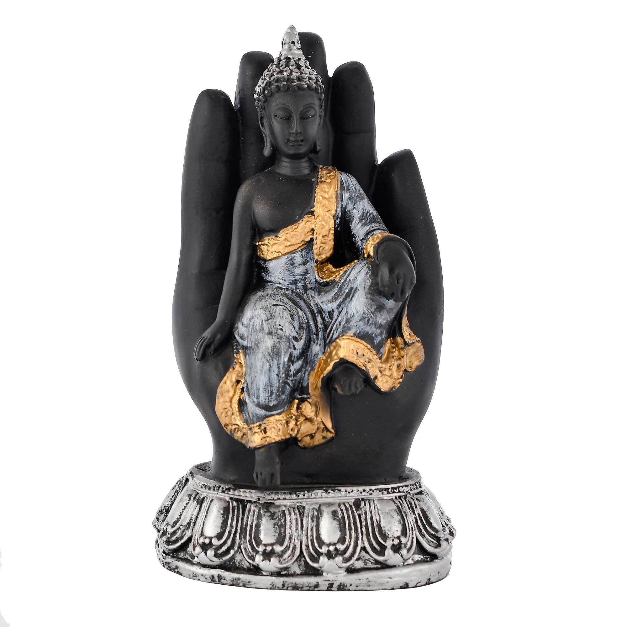 Black Buddha Hand Statue | Blessing Gautam Buddha Sitting Figurine for Tabletop & Home Decoration