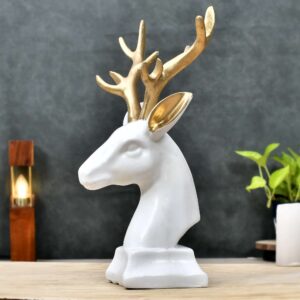 White & Gold Deer Head Figurine | Matte Resin Sculpture on Pedestal Base for Living Room, Study & Office Décor