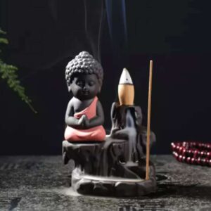 Red Buddha Incense Burner | Meditating Monk Smoke Backflow Cone Holder with 10 Free Cones for Home & Temple Decoration