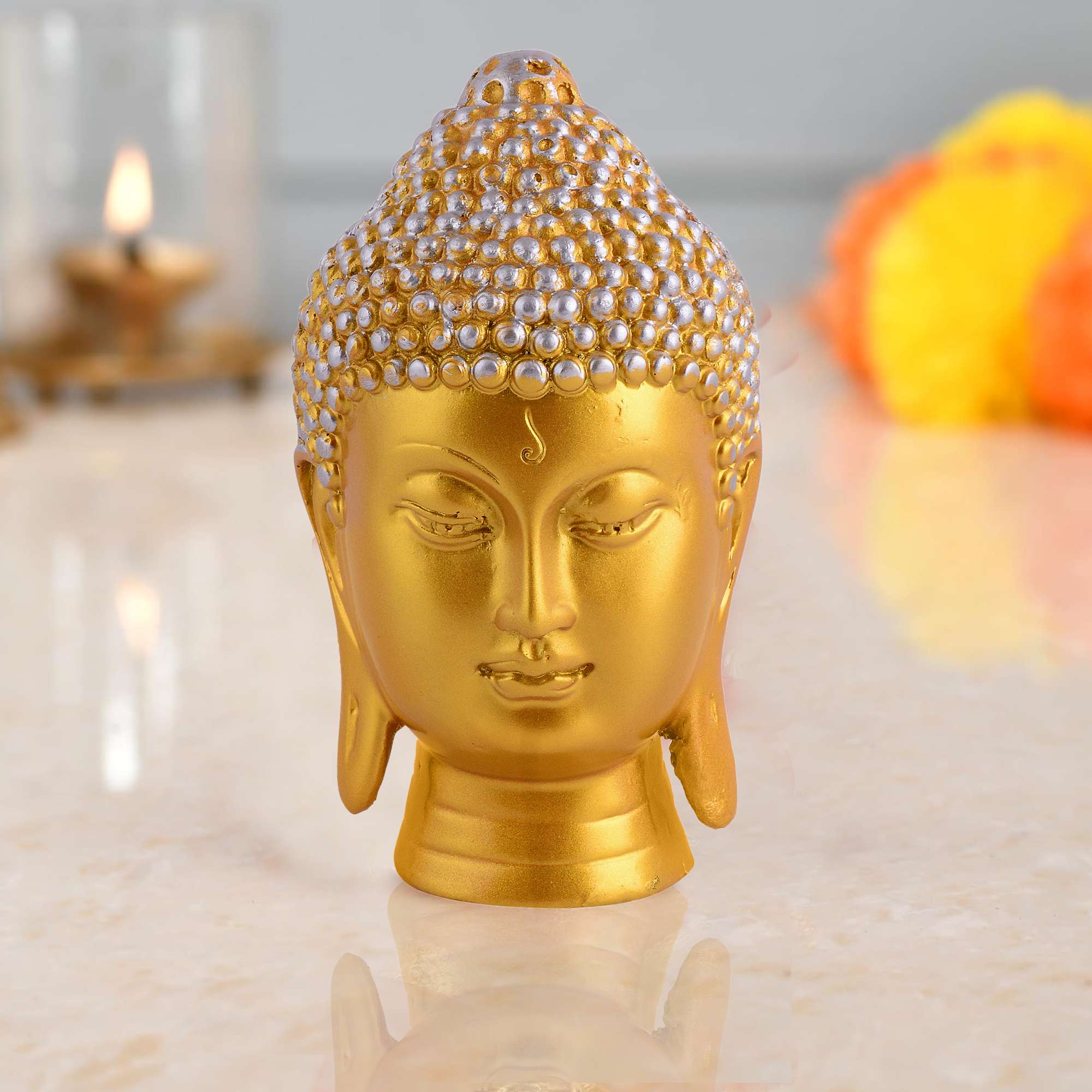 Meditating Buddha Head Idol Statue | Golden & Silver Polyresin Decorative Showpiece for Zen Home & Office Décor (5 Inch)