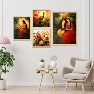 Set of 4 Framed Digital Wall Paintings | Modern Home Decoration Prints | Floral, Scenery & Abstract Wall Art for Living Room Décor
