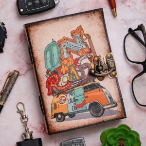 On The Road Bus Trip | Vintage Handmade Genuine Leather Journal | Premium Antique Lock Closure, 200 Handmade White Pages