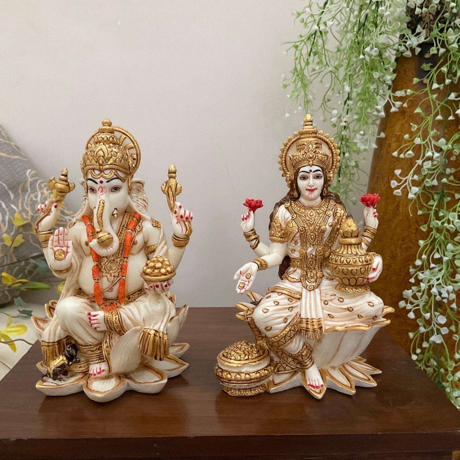 Handcrafted Marble Lakshmi Ganesh Idol | Divine Goddess Lakshmi and Lord Ganesha Statue for Home Décor, Puja Mandir & Gifting | Spiritual Marble Showpiece Murti