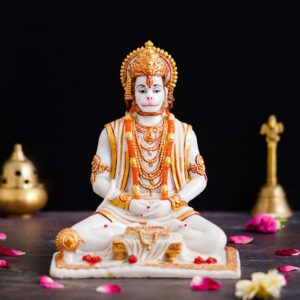 White Marble Finish Sitting Lord Hanuman Idol | Polyresin Dust Marble Hanuman Ji Statue for Home Décor, Puja Mandir & Gifting | Spiritual Showpiece Murti