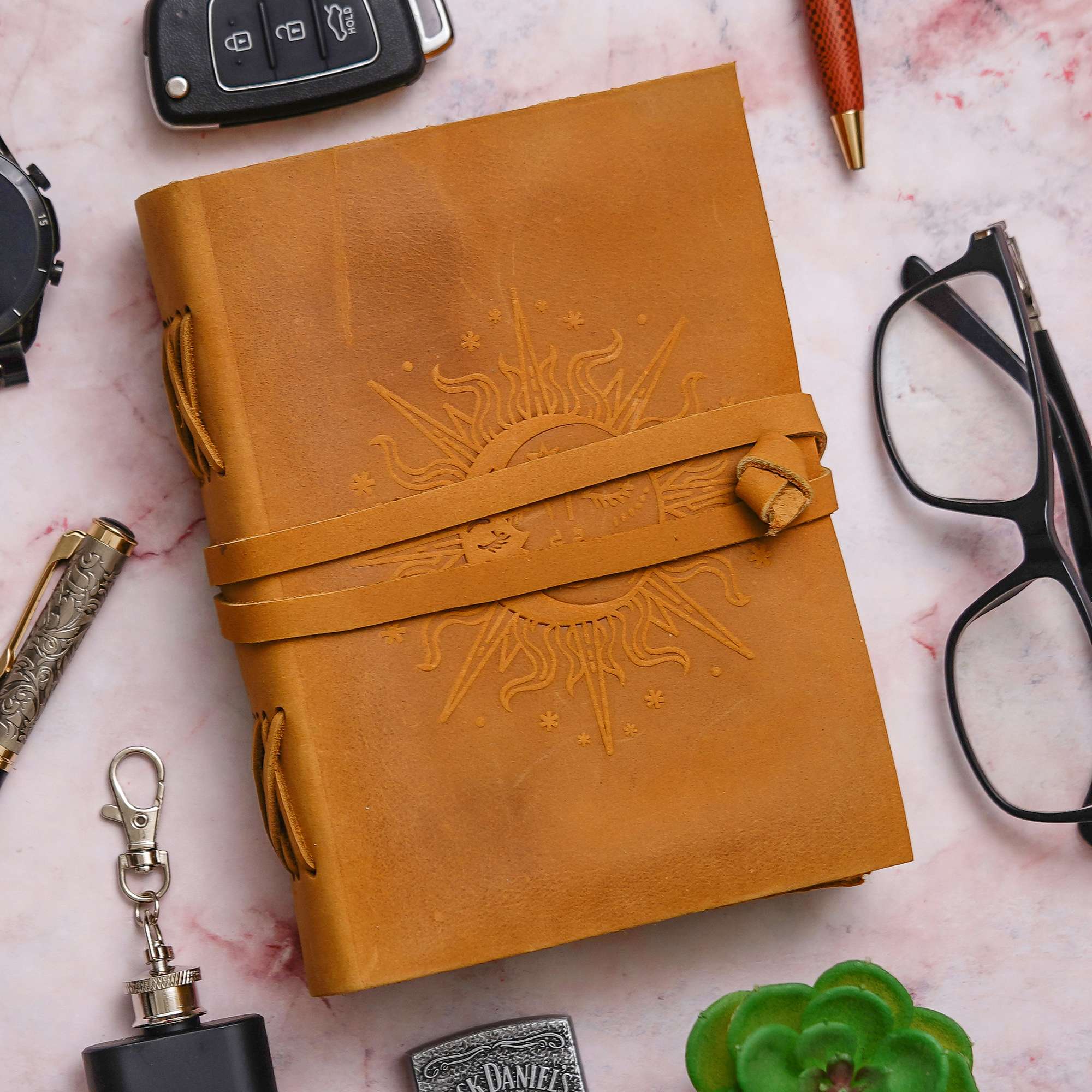 Sun & Moon | Vintage Handmade Genuine Leather Journal | Premium Antique String Closure | 200 Handmade Brown Pages