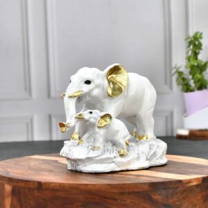 White Golden Cute Elephant with Baby Statue | Resin Animal Figurine Showpiece for Home, Living Room & Gifting