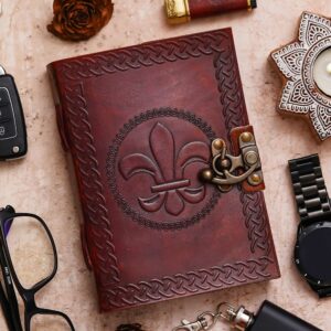 Fleur de Lis | Vintage Handmade Genuine Leather Journal | Premium Antique Lock Closure | 200 Handmade White Pages
