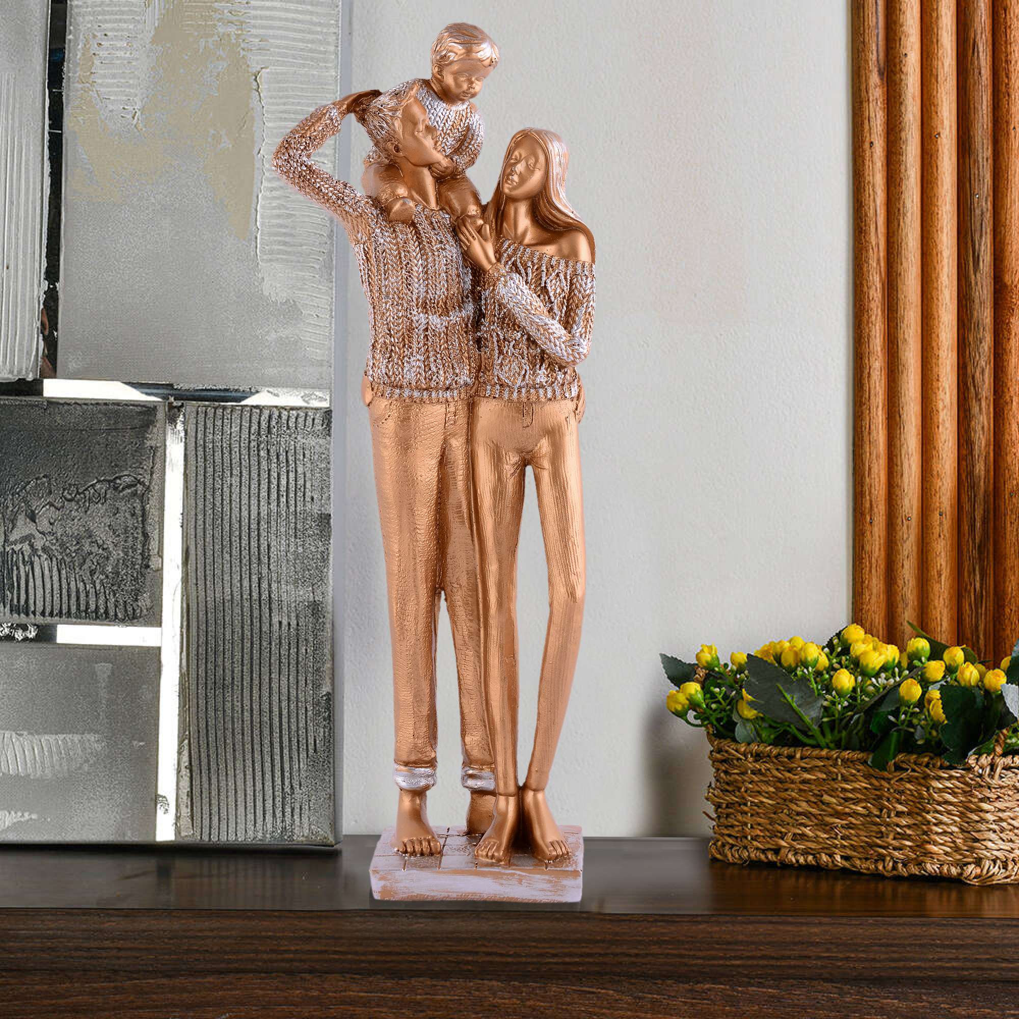 Mother and Father with Child family Love golden Statue showpiece for Home Decor and Gifting
