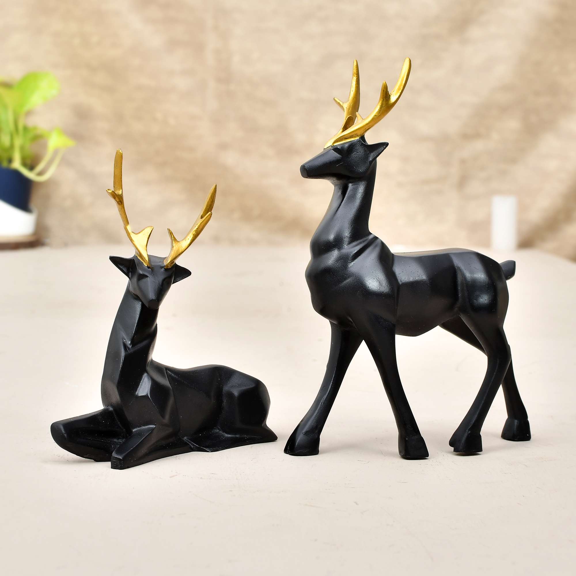 Decorative Black Lucky Deer Family Showpiece | Polyresin Figurine Statues for Home & Office (Set of 2, 6 Inch)