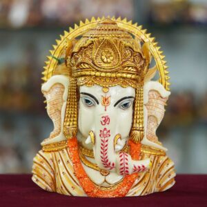 White Marble Lord Ganesh Head Idol with Handpainted Detailing | Polyresin Dust Marble Finish Ganpati Statue for Home Décor, Puja Mandir & Gifting | Spiritual Showpiece Murti