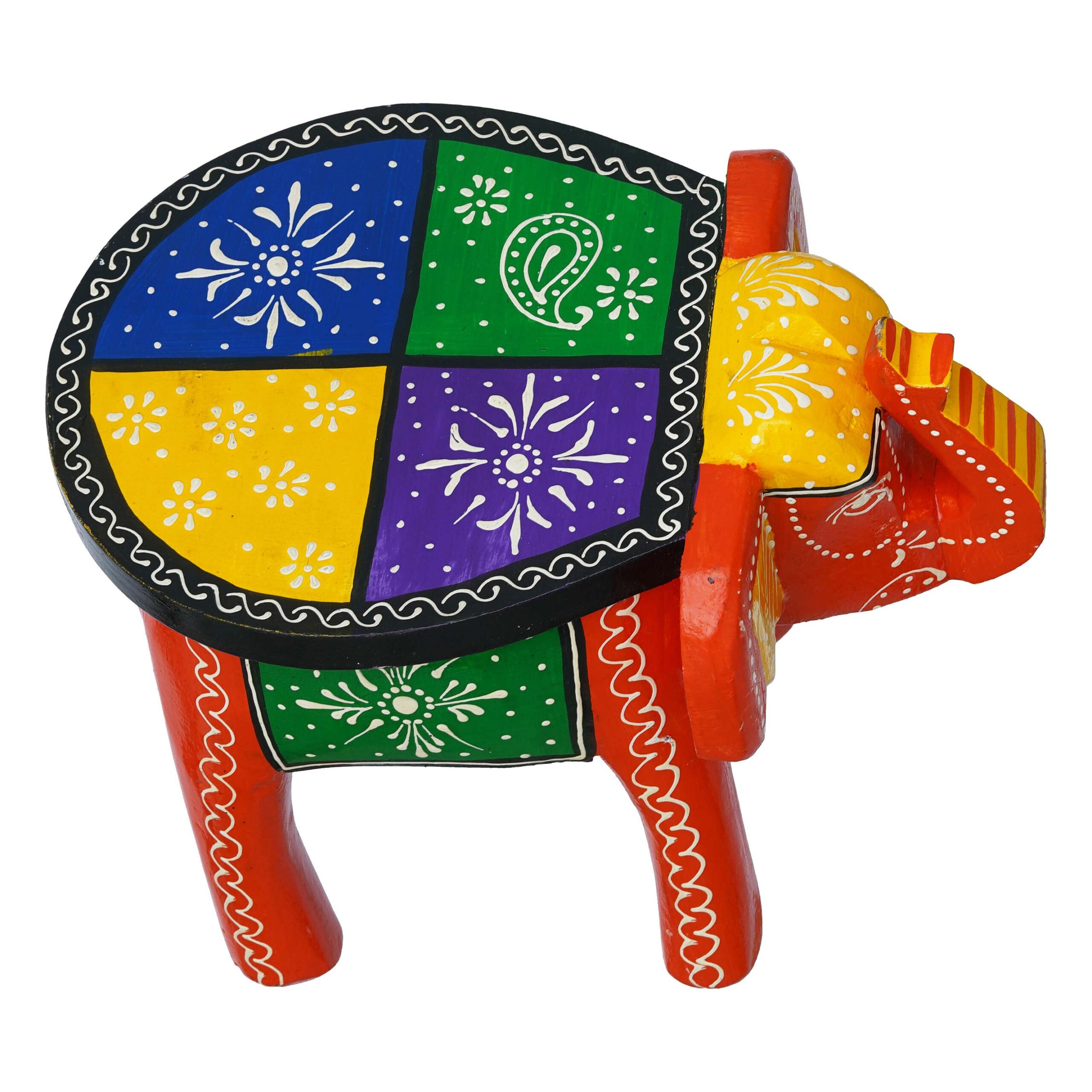 Handcrafted Wooden Elephant Stool | Emboss Painted Colorful Side Table | Unique Indian Home Décor & Accent Furniture - Image 4