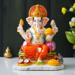 Lord Ganesh Handpainted Idol | Polyresin Dust Marble Finish Ganpati Statue for Home Décor, Puja Mandir & Gifting | Spiritual Marble Showpiece Murti