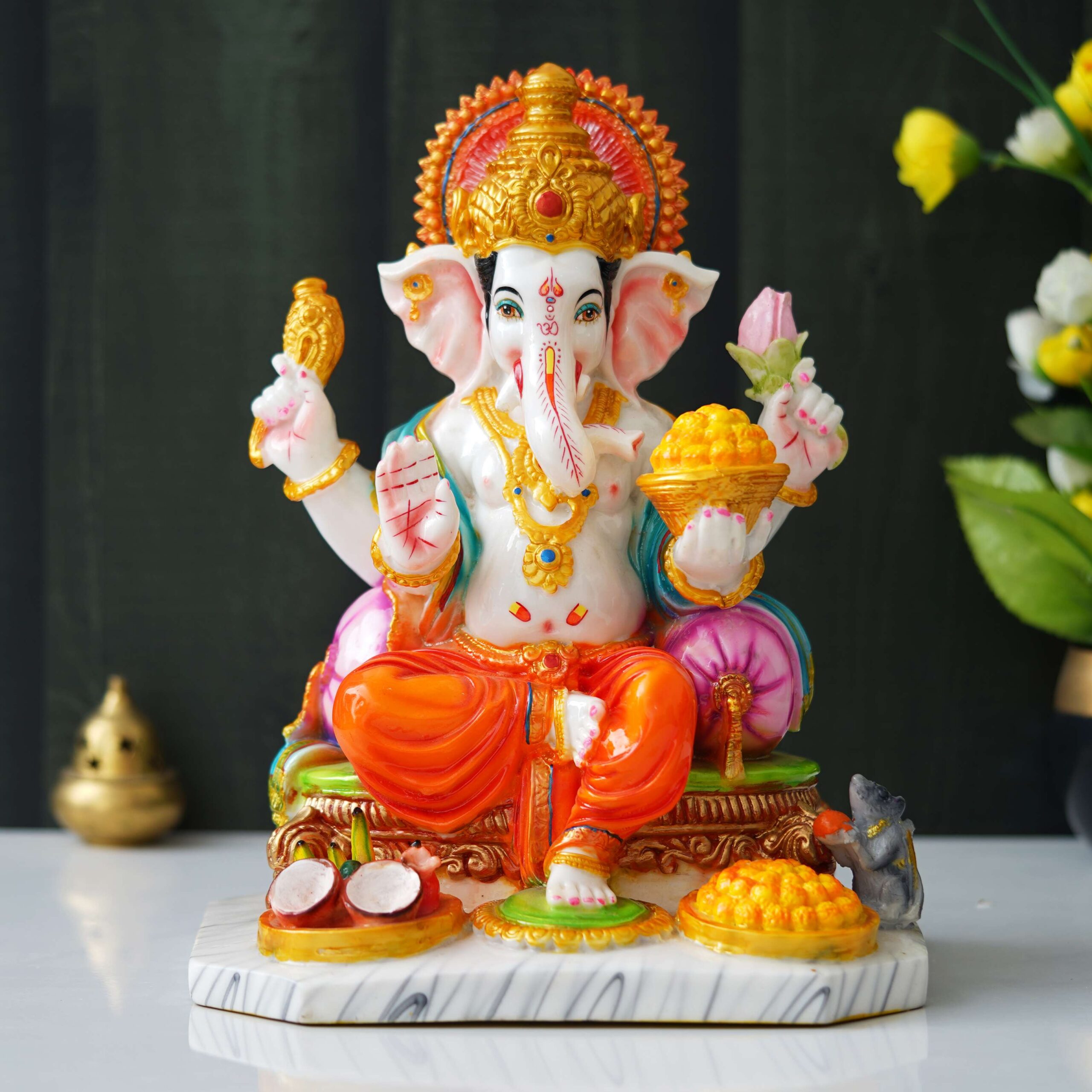 Lord Ganesh Handpainted Idol | Polyresin Dust Marble Finish Ganpati Statue for Home Décor, Puja Mandir & Gifting | Spiritual Marble Showpiece Murti