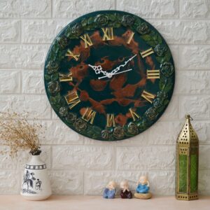 Exquisite Wooden Handmade Wall Clock (16 Inch) | Green & Brown Printed Acrylic Face | Decorative Big Size Clock for Home & Office Décor