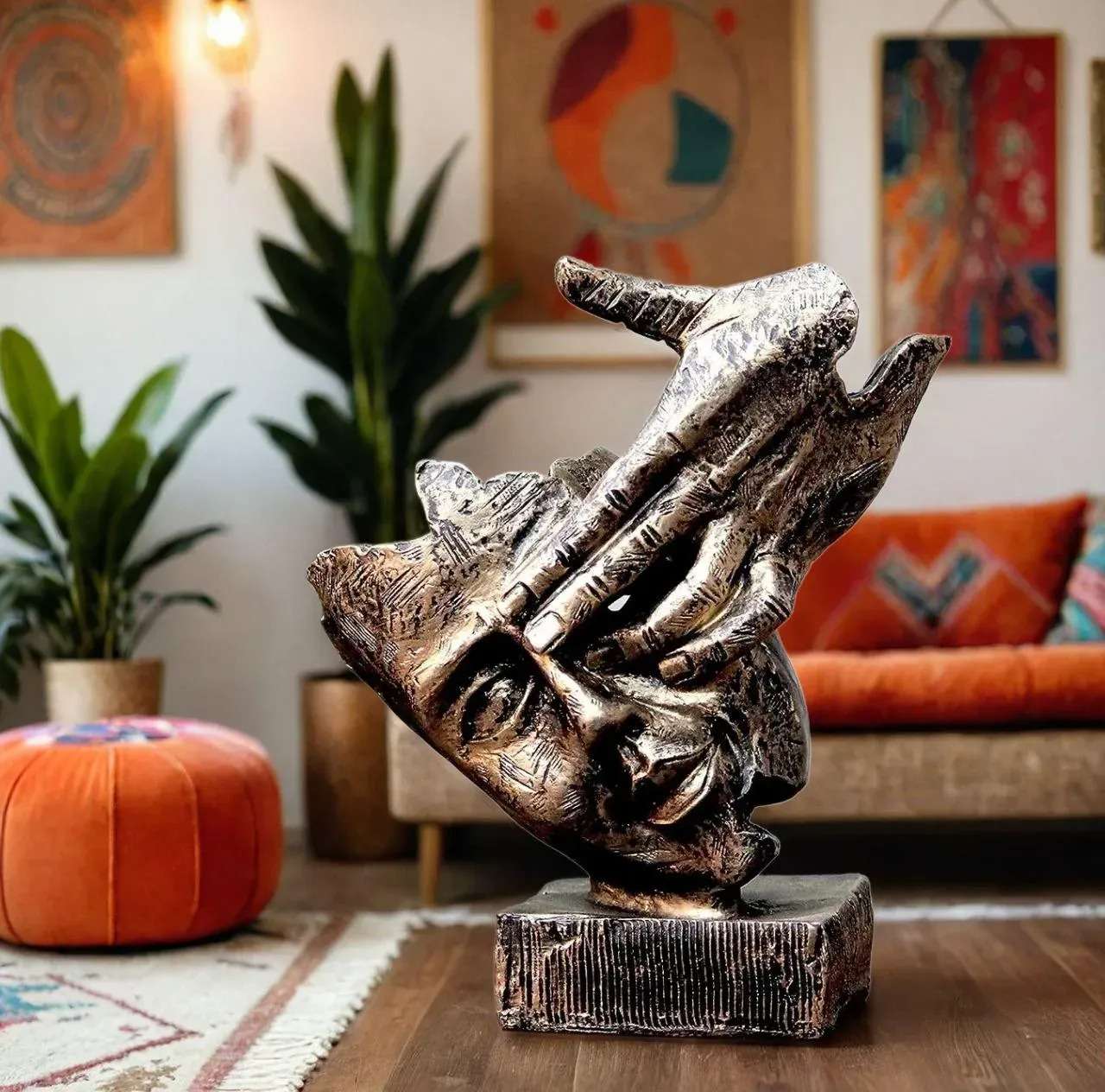 Antique Human Face Statue | Brown Polyresin Figurine with Hand on Eye for Living Room & Office Décor - Image 3