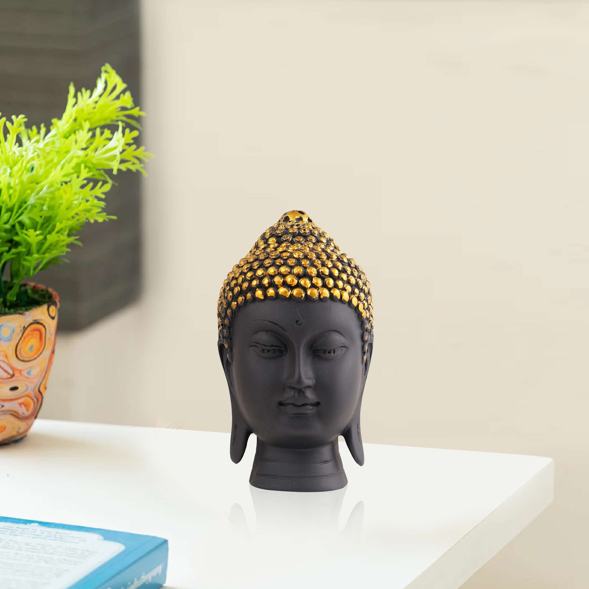 Meditating Buddha Head Idol Statue | Black & Golden Polyresin Decorative Showpiece for Zen Home & Office Décor (7 Inch)