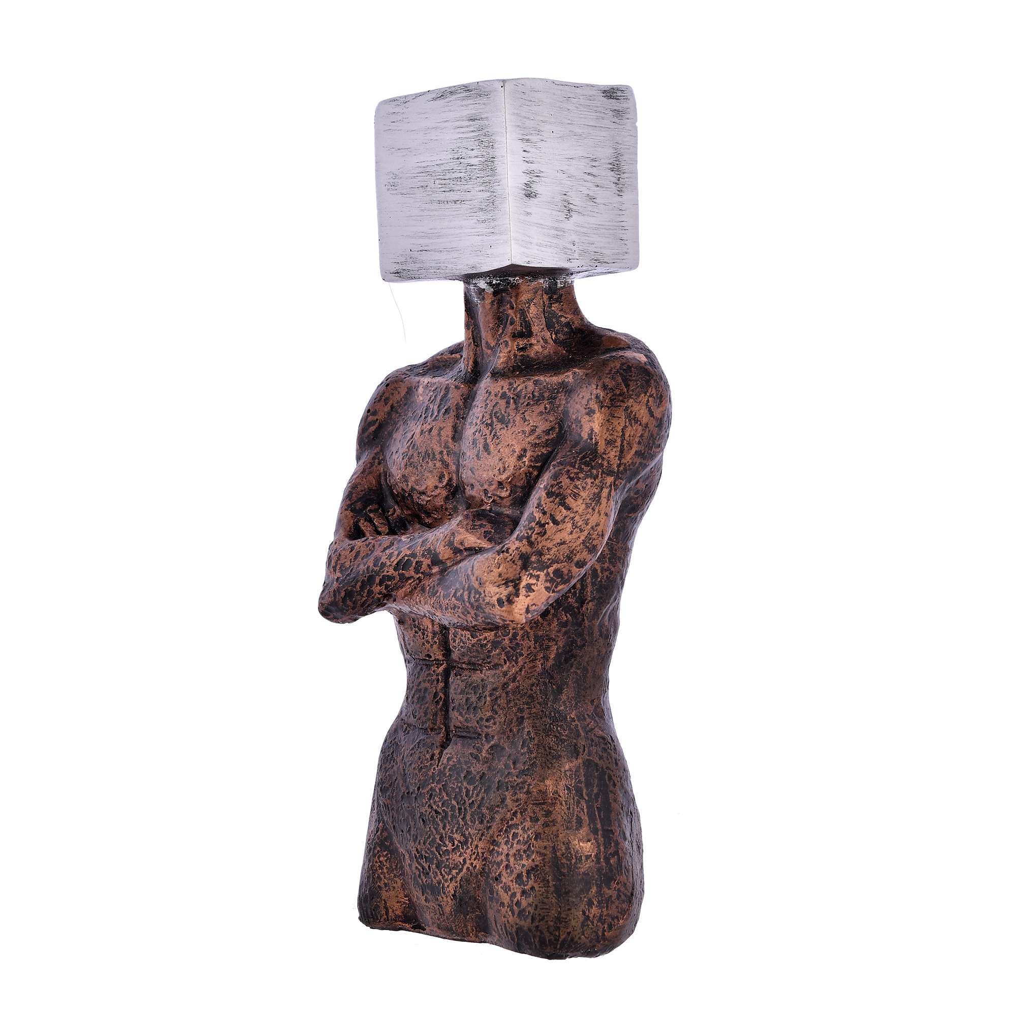 Abstract Men Statue | Silver & Brown Polyresin Human Figurine with Square Face for Living Room Décor - Image 4