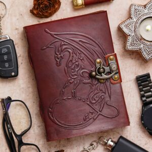 Flying Dragon | Vintage Handmade Genuine Leather Journal | Premium Antique Lock Closure | 200 Handmade White Pages