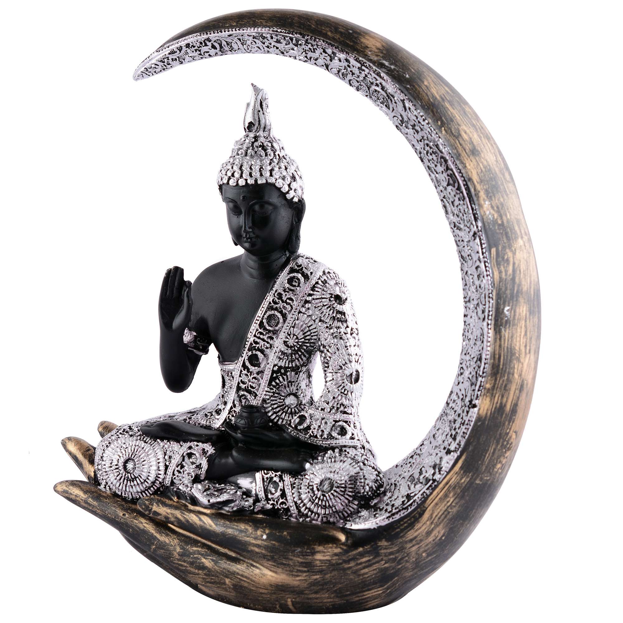 Antique Big Meditating Buddha Statue (9 Inch) | Black & Silver Moon Idol | Polyresin Decorative Figurine for Home, Office & Housewarming Gift - Image 3