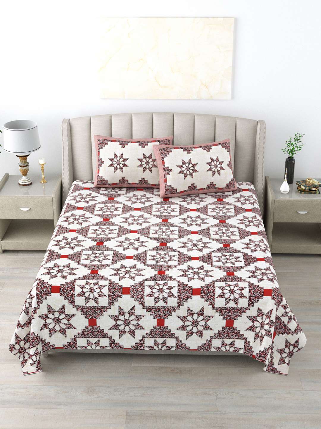 White & Red Floral Pure Cotton - King Bedsheet with 2 Pillow Covers - Image 6