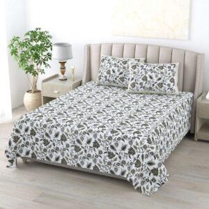 Pure Cotton Block Print Jaipuri Bedsheet - King Size - Green Floral Printed