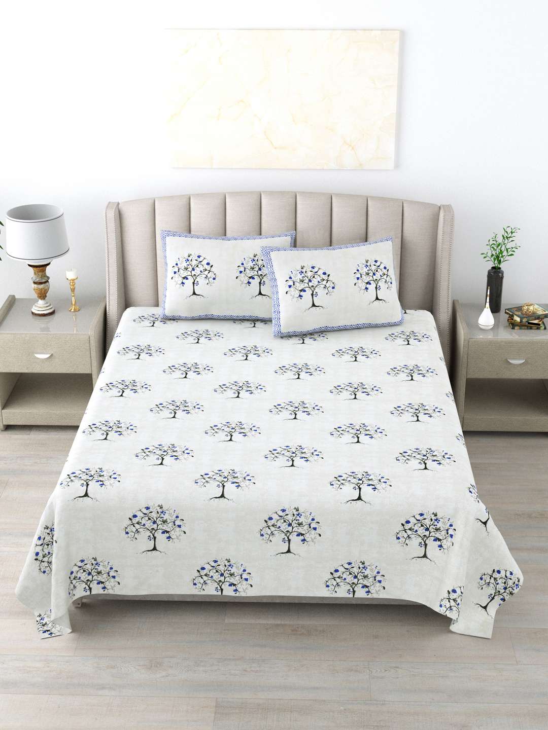 Cream Coloured Printed Pure Cotton - King Bedsheet with 2 Pillow Covers - Image 7