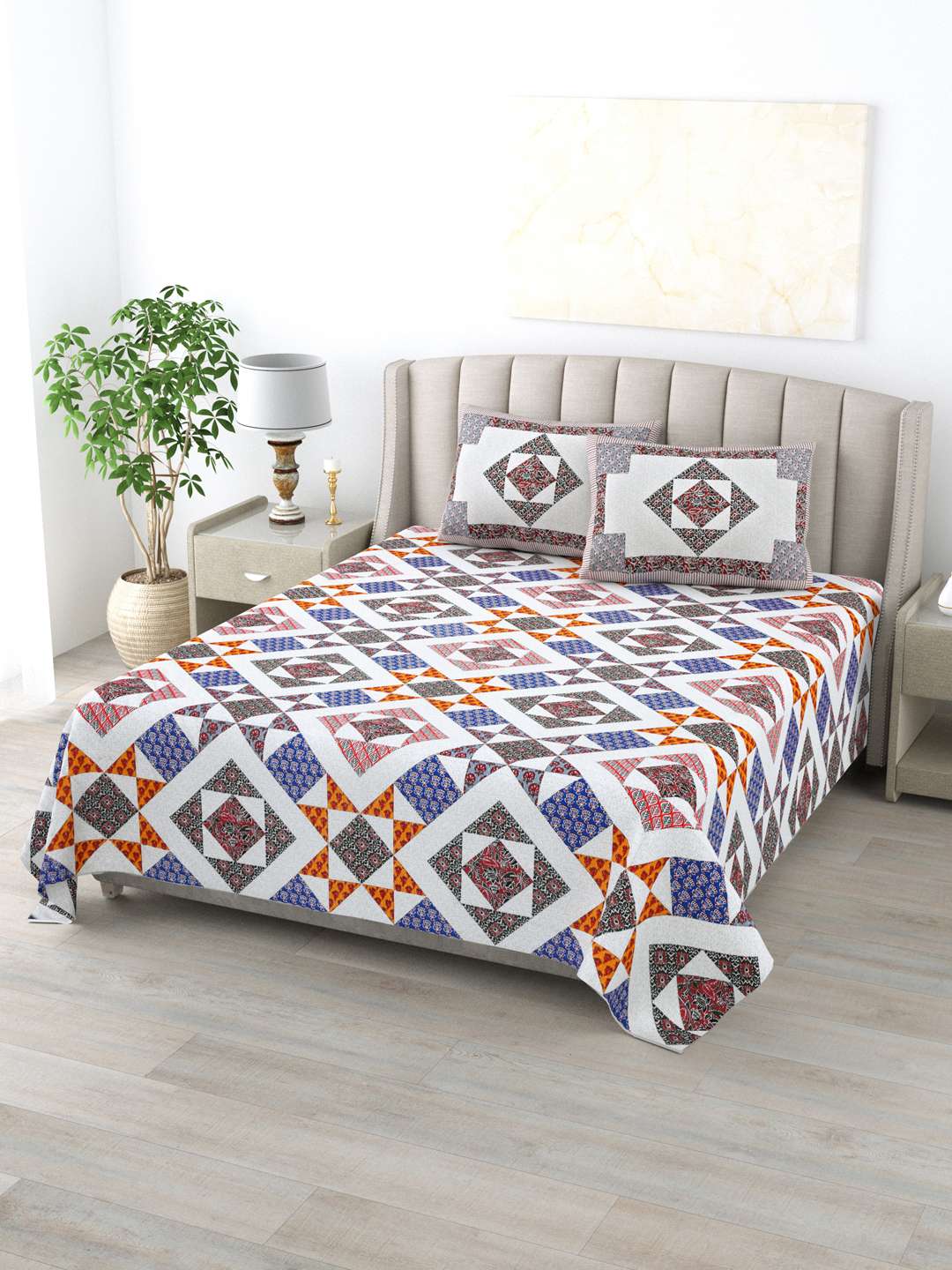 Pure Cotton Block Print Jaipuri Bedsheet - King Size - Vibrant Mosaic